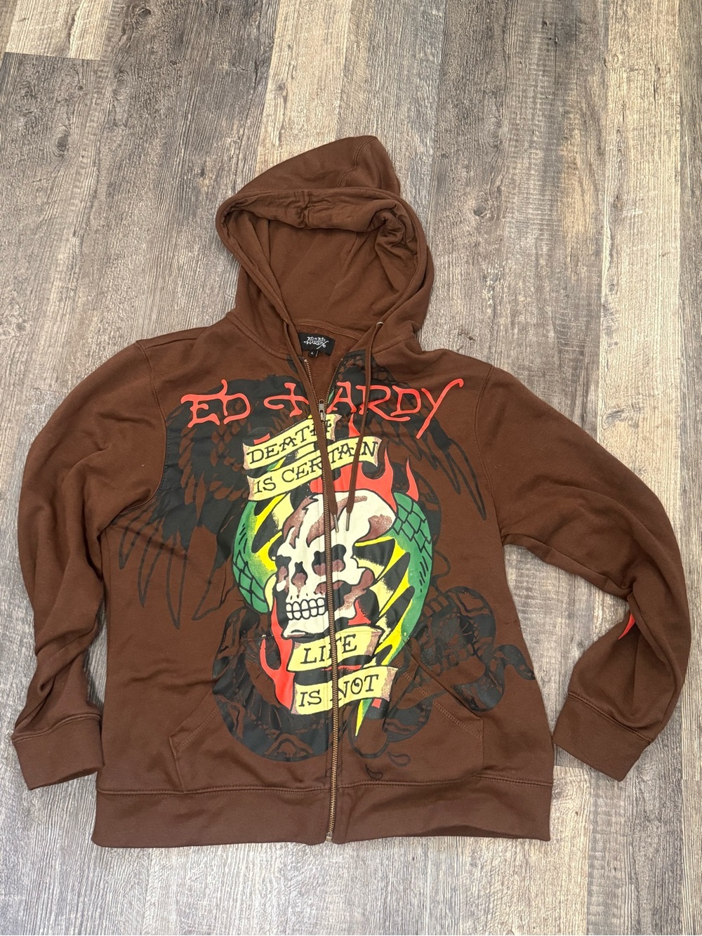 Ed Hardy Brown Hoodie with Multicolor Skull & Snake Graphic